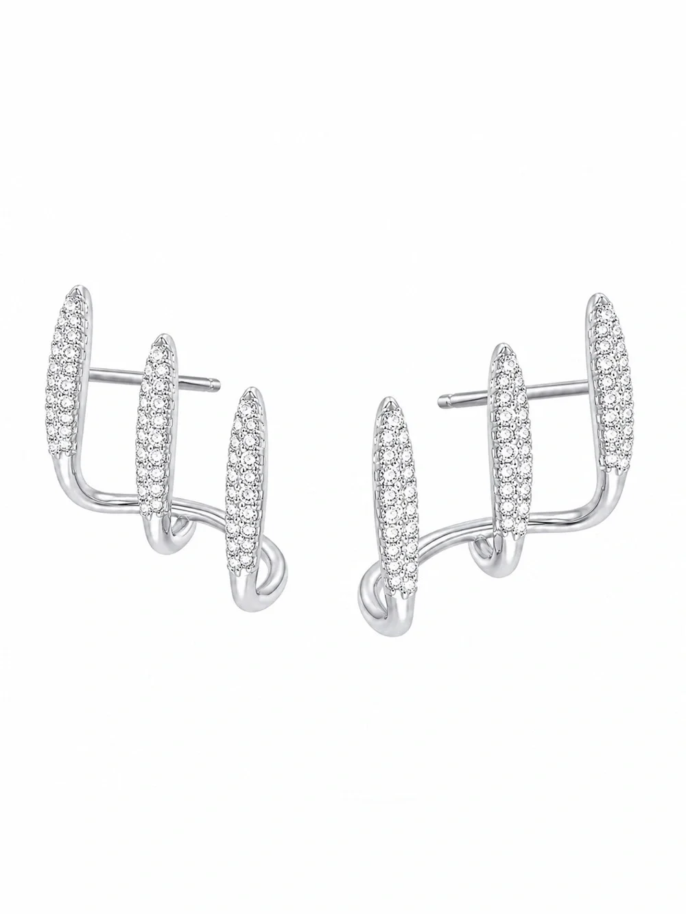 Silver Pave Crystal Triple Bar Ear Climber Stud Earrings 925 Sterling Silver